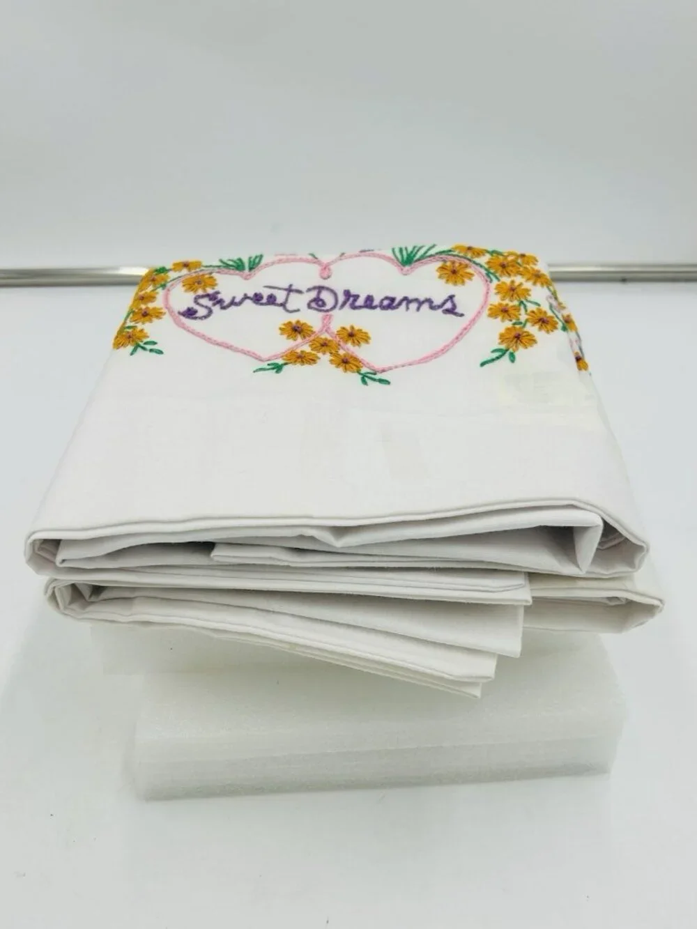 Vintage Hand Embroidered Pillowcases Pair Standard White Floral SWEET DREAMS